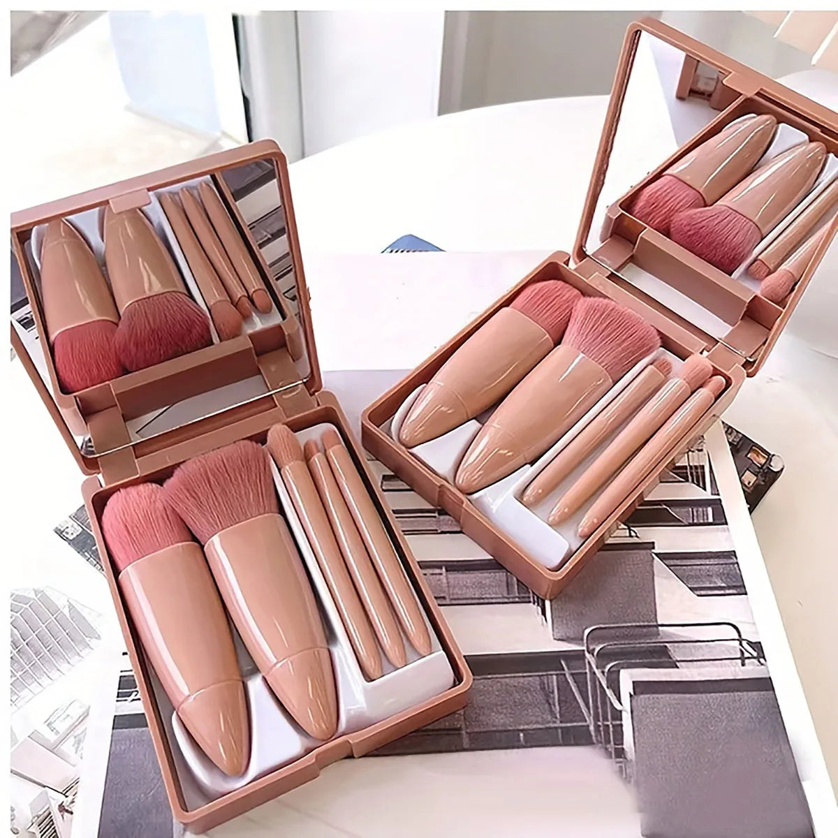 Portable Makeup Brush Set With Mirror Foldable