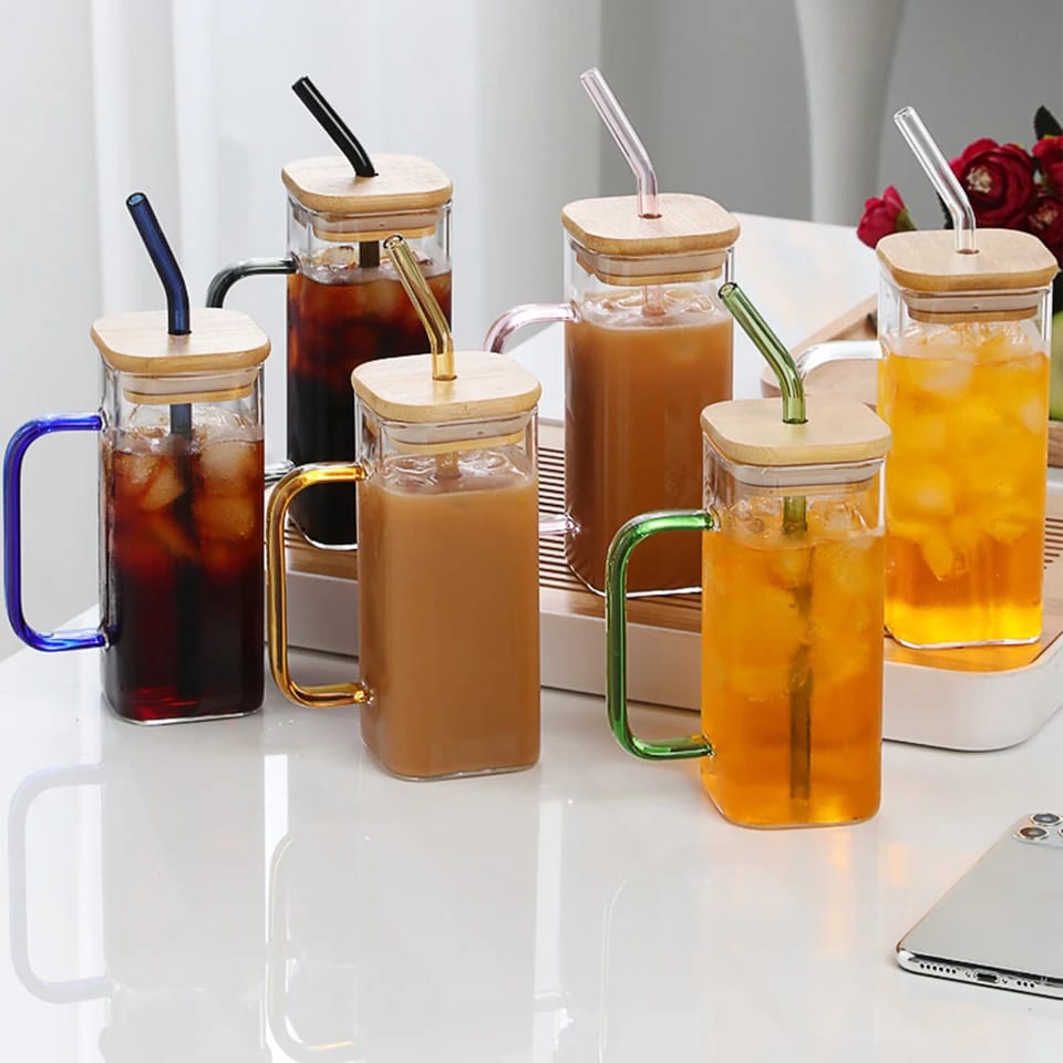 "Square Glass Cup With Bamboo Lid and Straw"